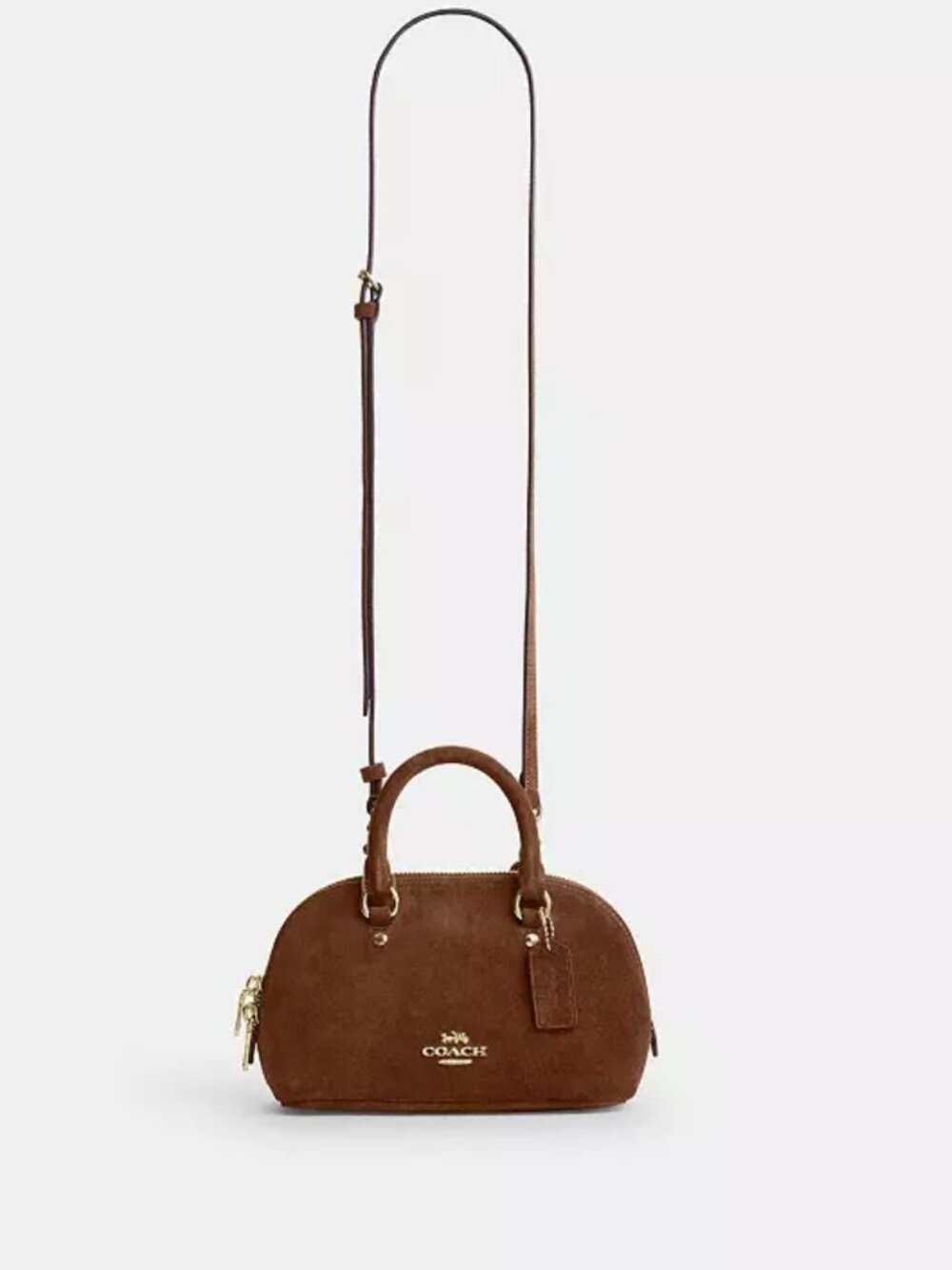 COACH lara mini satchel bag suede/gold/warm brown. item # cen18.